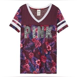 VS PINK T-shirt Small Maroon/Burgundy Floral Jersey V-Neck Sequins Bling